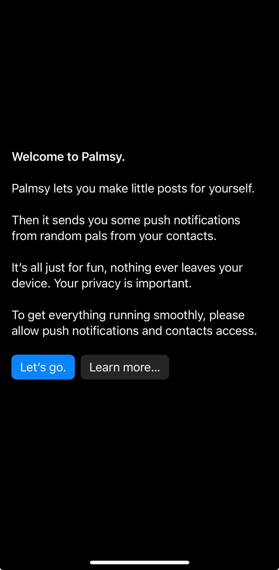 Приветственный экран Palmsy, объясняющий суть приложения. Credit: Screenshot: Palmsy